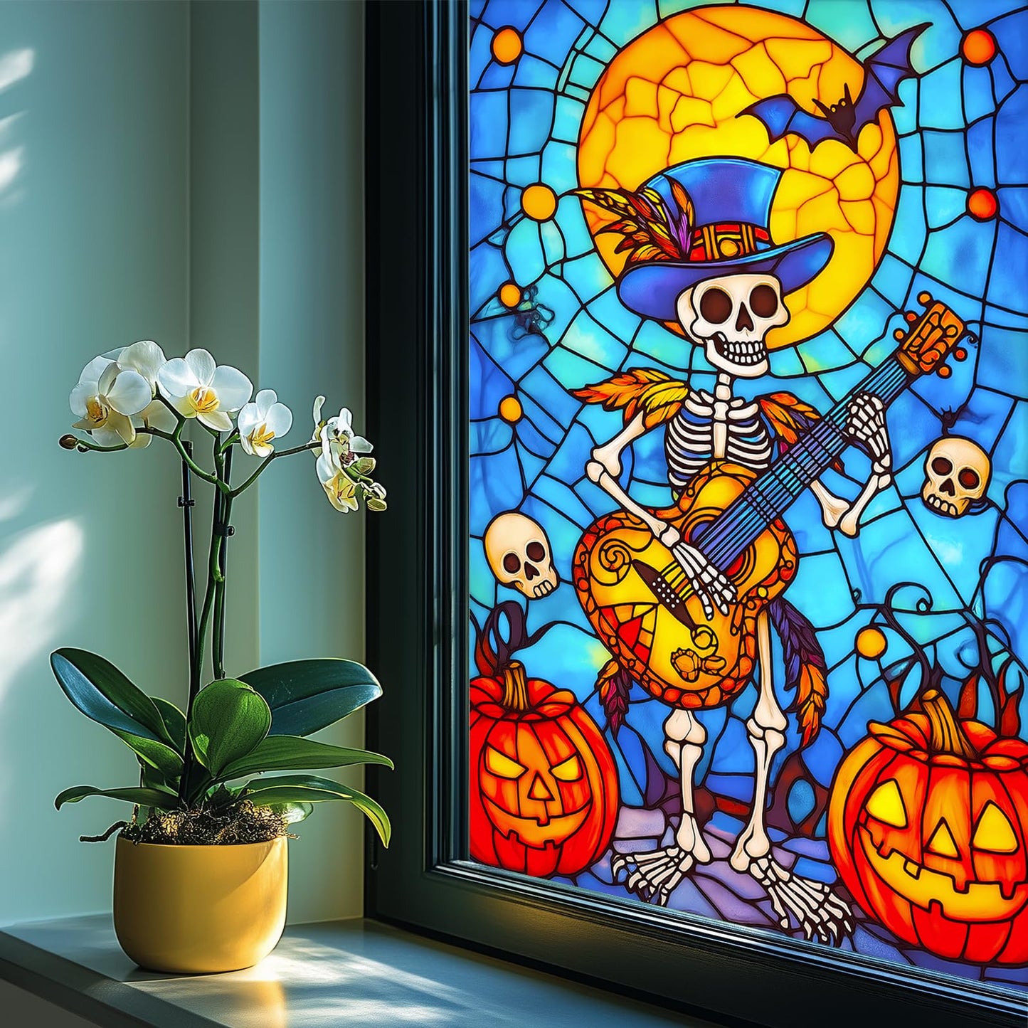 HOMETITUTE Halloween Skeleton Musician Window Film 31x47 Inch Decorative Window Film Pumpkin Guitar Skull Scene Stained Glass Cling for Mirror Door Privacy Decor for Home Party School Office
