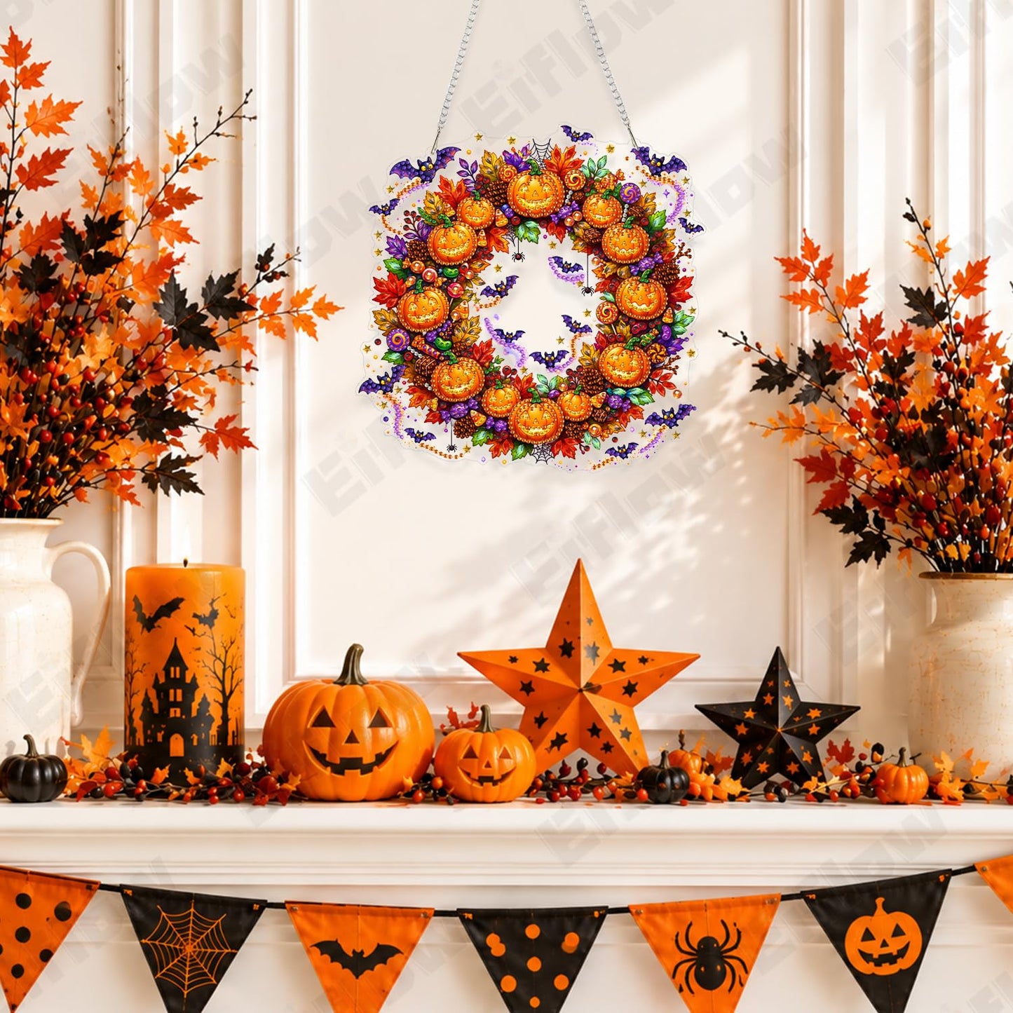 Eiflow Hanging Diamond Art Halloween Kit for Adults DIY Acrylic Diamonds Craft Painting Ornament Pumpkin Kit, Special Crystal Diamond Art Painting Window Door Hanging Pendant Wreath