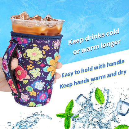 3 Pack Iced Coffee sleeve Insulated Neoprene Cup Sleeves with handle For Cold Drinks Beverages, Reusable Cup Holder for 16oz-32oz Coffee Cups (Skeletons Floral)