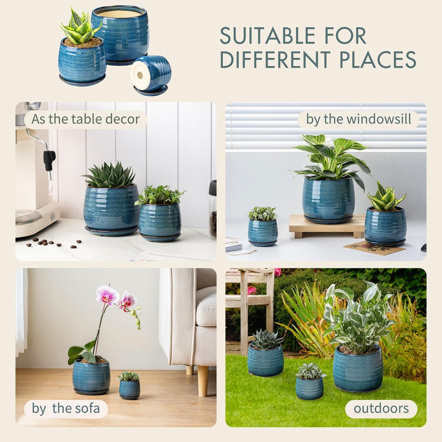 MISSYSSIM Ceramic Plant Pots with Drainage Holes and Saucers, Indoor Flower Pots for Plants Set of 3, 3.4+4.7+6.1 inch Cute Garden Pots Set for Succulent and Money Tree, Gift for Housewarmings, Blue