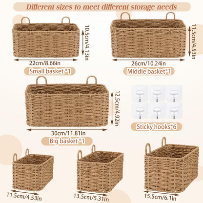 Ferrochef 3 Piece Wall Hanging Baskets for Organizing Paper Rope Woven Baskets Sets Boho Style Storage Bins for Fruits Vegetable Kitchen Storage Farmhouse Wall Decor Housewarming Gifts