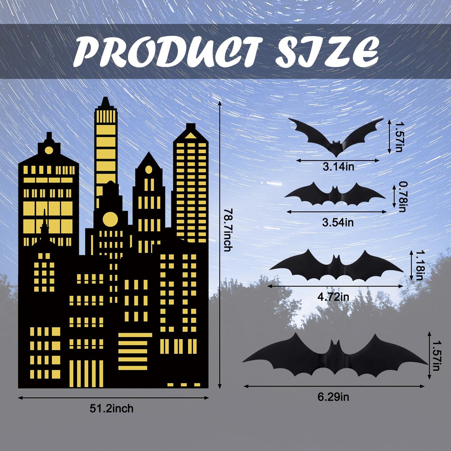 Tingjoo 61 Pcs Bat City Backdrop Photography Background Include 60 Pcs 3D Bats Vampire Wall Decal Stickers Skyscraper City Background for Hero Theme Birthday Party Supplies