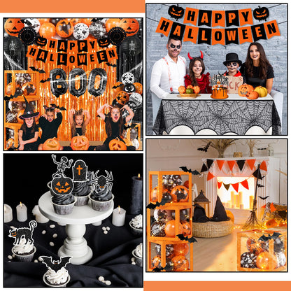 Halloween Party Decorations, Halloween Decorations Kit includes Ghost Balloons Boxes Spider Web Tablecloth Black Orange Foil Curtains, Boo Party Supplies for Home Birthday Decoration
