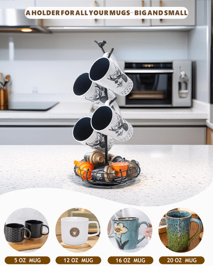 Ouseen Coffee Mug Holder for Countertop, Mug Tree with Bird's Nest Storage Basket, Holds 4 Large Mugs (20oz Compatible), Whimsical Kitchen Decor, Coffee Bar Accessories (Black)