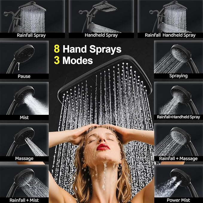 Rain Shower Head with filtered Handheld High Pressure rainfall Shower Heads with Handheld Spray Combo Adjustable one-piece stand daul shower head Built-in Magnetic Docking and Power Jets-matter black