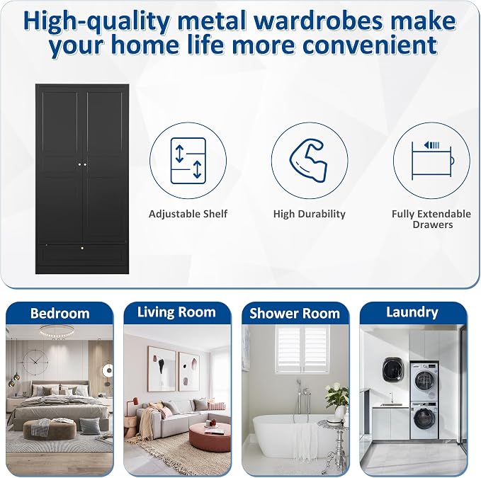 BYNSOE Metal Armoire Wardrobe Closet with 2 Doors 72'' Wardrobe Cabinet with Drawers and Hanging Rail Metal Closet with Adjustable Shelves for Bedroom. (Black, with 1drawer)