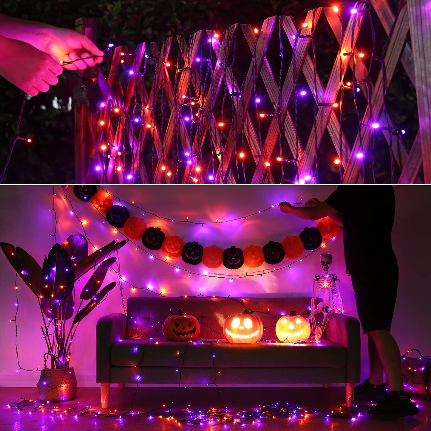 Flacchi Orange Purple Halloween Lights, 67 ft 200 LED Battery Operated String Lights Waterproof 8 Modes & Auto Timer Mini Lights for Halloween Decorations, Home, Party, Holiday Decor Outdoor Indoor