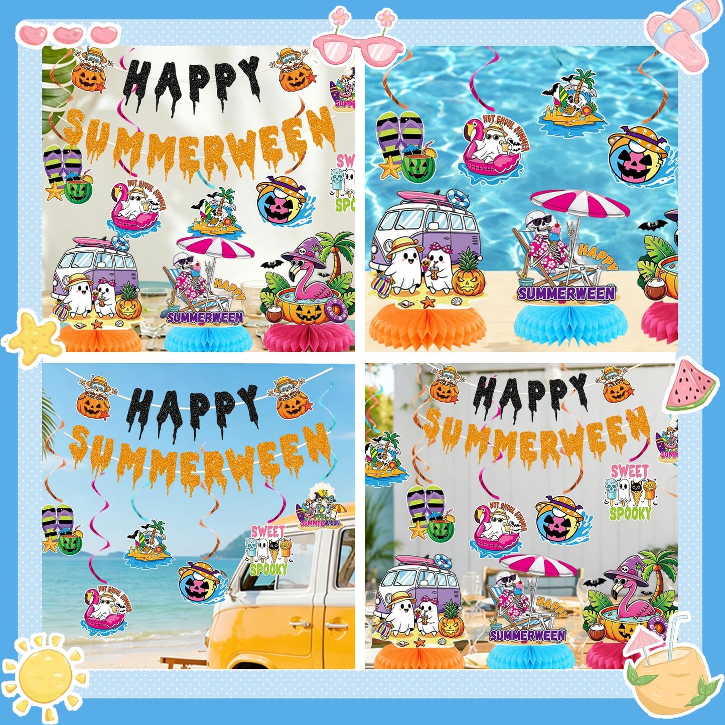10PCS Happy Summerween Party Decorations Kit, Glitter Summer Halloween Banner Hanging Swirls and Honeycomb Centerpieces Table Decor for Summerween Pool Beach Party Supplies