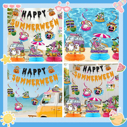 10PCS Happy Summerween Party Decorations Kit, Glitter Summer Halloween Banner Hanging Swirls and Honeycomb Centerpieces Table Decor for Summerween Pool Beach Party Supplies