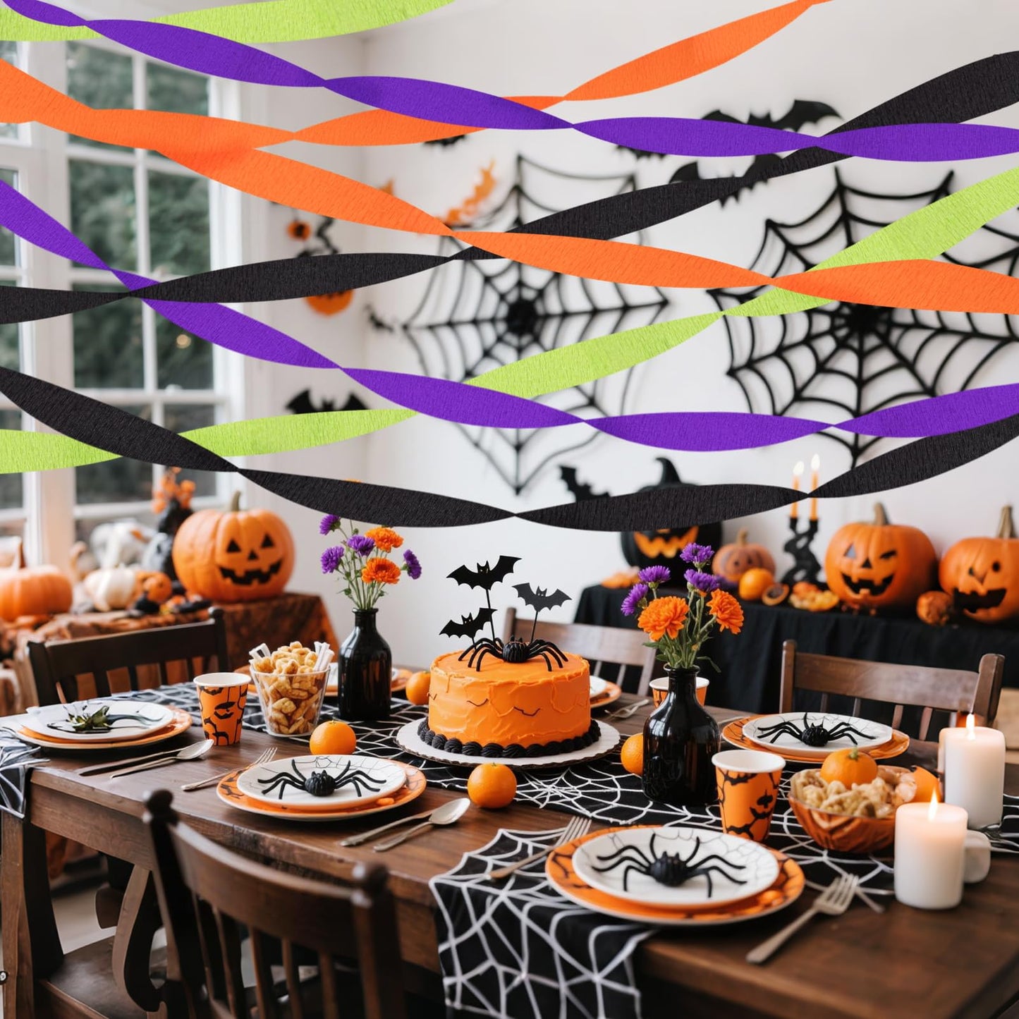 Riqiaqia Halloween Streamers, 8 Rolls Black & Orange Crepe Paper Streamers for Halloween Party Decorations, Birthday & Home Backdrop Decorations