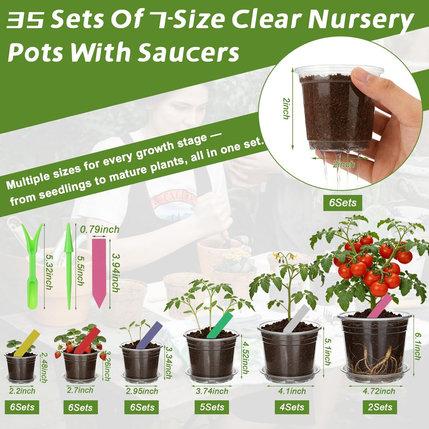 30Pcs Clear Plastic Nursery Pots with Drainage Holes and Saucers, 2.8/3/3.5/4/5/6/7 Inch Grow Seedling Starte Pots with Labels & Punch Tool for Indoor Plants, Flower, Herb, Succulent Transplanting