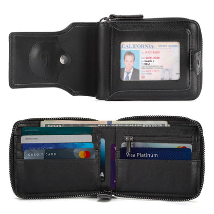 Polare Napa Leather Wallet for Men Bifold RFID Blocking Cash Credit Card Case with Air Tag Slot and YKK Zip Coin Pocket (Black with AirTag Slot)