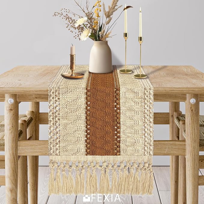 FEXIA Table Runner 90 Inch Thanksgiving Decor with Tassels for Boho Macrame Farmhouse Style, Party Wedding Bridal Shower Decor, Brown (12x90 Inches)