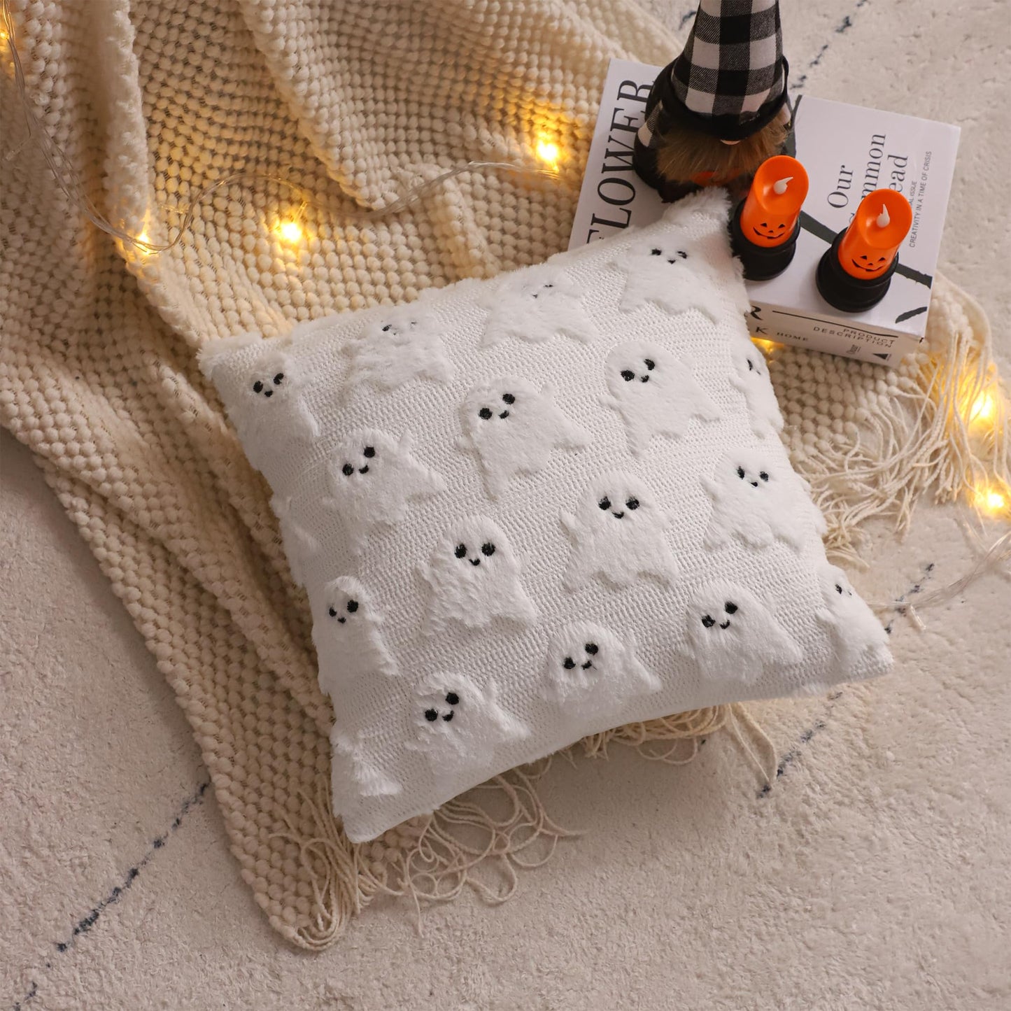 LUOYEHK Halloween Pillow Covers 16x16 Set of 2 White Ghost Decorative Pillow Cases Holiday Soft Plush Faux Fur Cushion Covers for Couch Sofa Bed