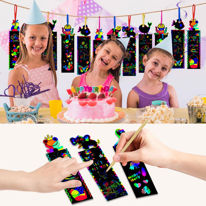 Tcvents 100 Sets Bookmark Making Kit, Scratch Art DIY Animal Bookmarks Bulk with 100 Pcs Ribbons and 100 Pcs Wood Stylus for Classroom Activities Mini Cards for Kids Craft Kits Student Prizes Gifts