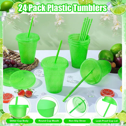 LEIFEOSH 24 Pcs Plastic Tumblers with Lids and Straws, Reusable Cups with Lids Plastic Colorful Cups for Party Birthday, Iced Coffee Cup Travel Mug Cold Drink Cups Tumblers Bulk (16 oz, Green)