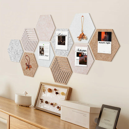 10 Pack Hexagon Cork Board Tiles Alternative, 12'' Fully Self-Adhesive Modern Felt Bulletin for Wall Decor, Frameless Pin Board for Office, Renter-Friendly Decorative Hexagon Corkboard with 30 Pins