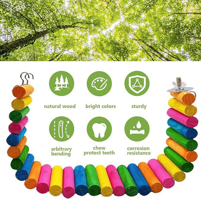 2Piece Hamster Colorful Bridge,Flexible Bendy Climbing Ladder Hanging Wooden Stairs Chew Toy for Bird Parrot Chipmunk Sugar Glider Gerbil Mice