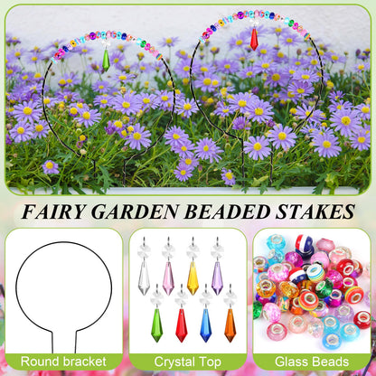 PartyYeah 218PCS Beaded Garden Stakes Kit Fairy Garden Stakes DIY Fairy Wand Garden Stake Beads Kits with 8 Colorful Crystal Charm 8 Round Arch Stand 200 Colorful Beads for Garden Craft Supplies