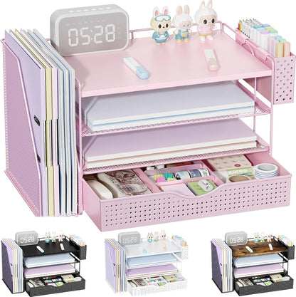 Wood Desk Organizers and Accessories with File Holder, 4-Tier Desk Accessories & Workspace Organizers with Drawer and Pen Holder, Paper Organizer for Office Supplies (Pink)