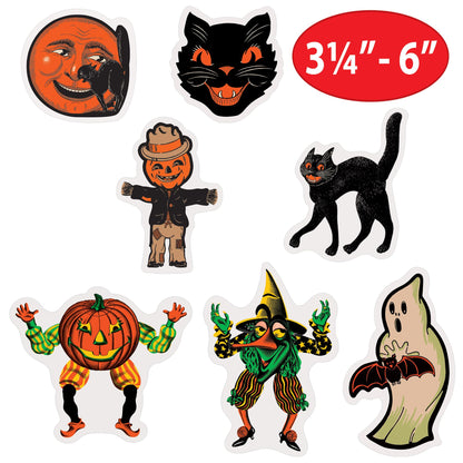 Beistle Vintage Halloween Window Clings, 28 Classic Icons on 4 Sheets, 12” x 17” Sheet, Cat Face, Moon, Ghost, Pumpkin Head Scarecrow, Scratch Cat, Goblin & Witch Characters