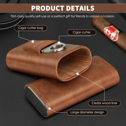 wanbro Cigar Case, 3pcs Holder, Cigars Travel Case, Cedar Lined, Leather Made Cigar Humidor with Stainless Cutter, Christmas gift for men dad