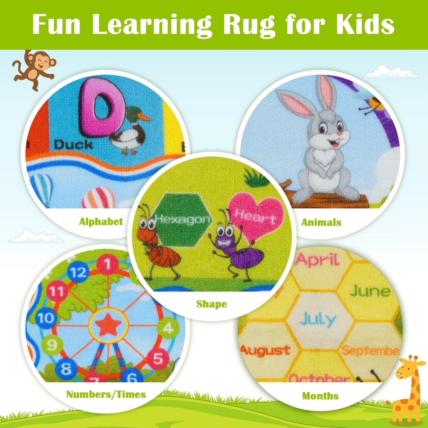 STARUIA ABC Kids Rug for Playroom, Non-Slip Educational Toddler Rug for Learning Alphabet Animals Numbers Months Shapes, Washable Playroom Rugs for Daycare Classroom Nursery Decor (36"X59")
