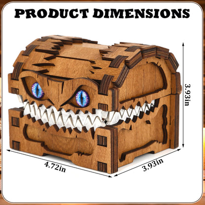 JULEASEL Mimic Dice Box – Wooden Monster Treasure Chest with Teeth & Blue Eyes, Halloween Desk Decor Creepy Box, Funny Dice Storage for Tabletop RPG & Fantasy Games (Starfang)