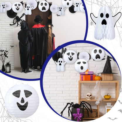 Humyoun 18 Pcs Halloween Party Decorations Kit Ghost Spooky Paper Lanterns Hanging Fans 3D White Ghost Honeycomb Ball for Indoor Outdoor Halloween Scary Party Supplies Haunted House Ceiling Decor