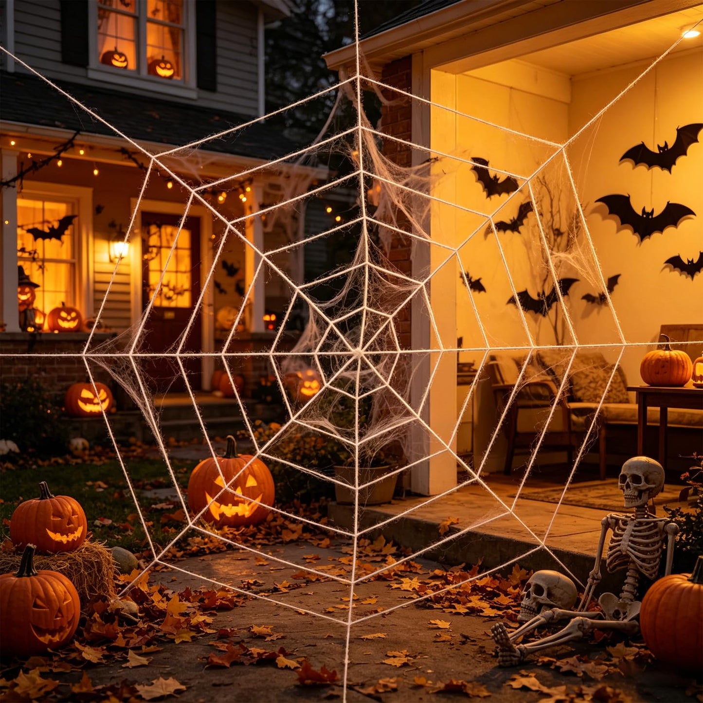 Vavious Spider Web Decoration 4.9ft Stretch Spiderweb Halloween Decorations Giant Round Spider Webs with Realistic String Rope Scary Haunted House Outdoor Wall & Yard Decor White 4pcs