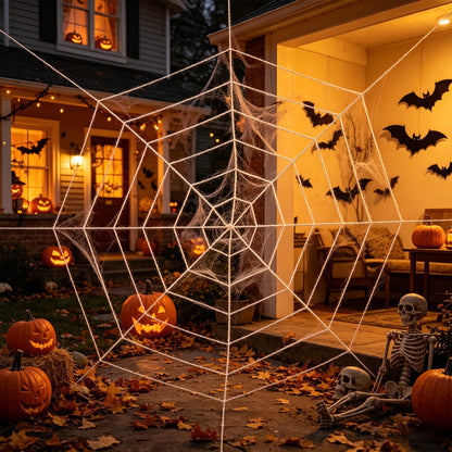 Vavious Spider Web Decoration 4.9ft Stretch Spiderweb Halloween Decorations Giant Round Spider Webs with Realistic String Rope Scary Haunted House Outdoor Wall & Yard Decor White 4pcs