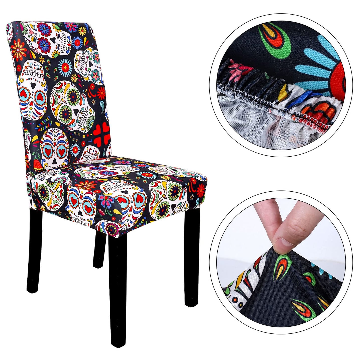 Whaline 4Pcs Halloween Chair Covers The Day of Dead Dining Chair Slipcovers Floral Skull Skeleton Pattern Stretch Elastic Seat Covers for Halloween Party Home Kitchen Hotel Restaurant Ceremony Decor