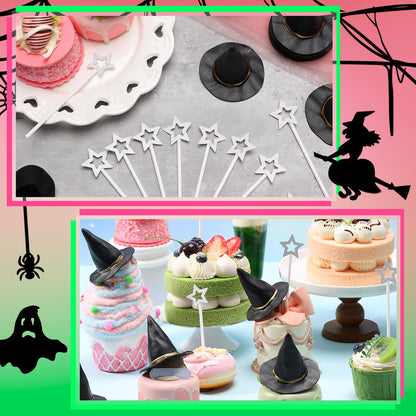 Funnymoom 30 Pcs Witch Party Supplies Witch Hat and Star Cupcake Topper Wizard Hat Princess Cake Decorations Halloween Cupcake Topper Sticks Dessert Cake Accessories for Birthday Party Supplies