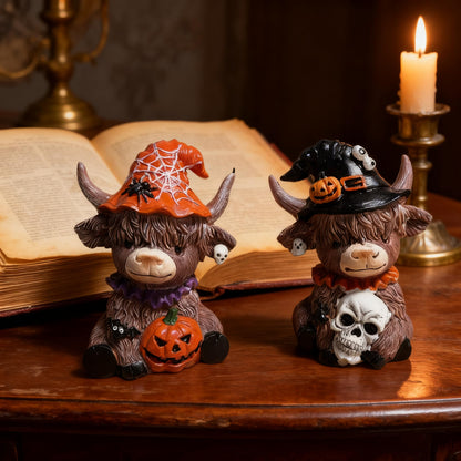 Bokynu Highland Cow Figurine Decor, Halloween Resin Highland Cow Statue Kitchen Decorations Indoor, Calf Lovers Gifts (2 Pcs)