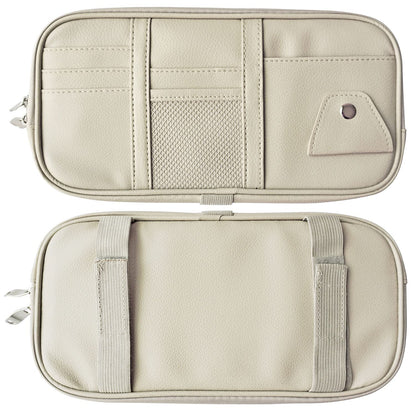 Da by Car Visor Organier Truck SUV Sun Visor Storage Pocket PU Leather Pouch Holder with Multi-Pocket Double Zipper Net Pocket, for Cards Pens Sunglasses Document (Cream Grey)