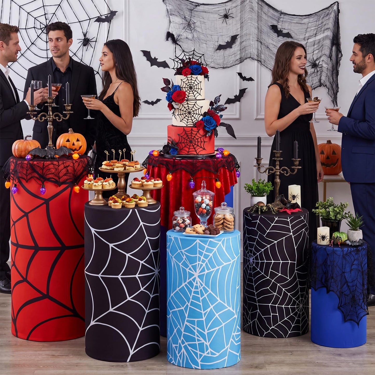 Moukeren 5 pcs Spiderweb Themed Cylinder Pedestal Stand Covers Spandex Plinth Red Blue Cylinder Stand Cover for Spider Web Theme Party Birthday Baby Shower Event Decor