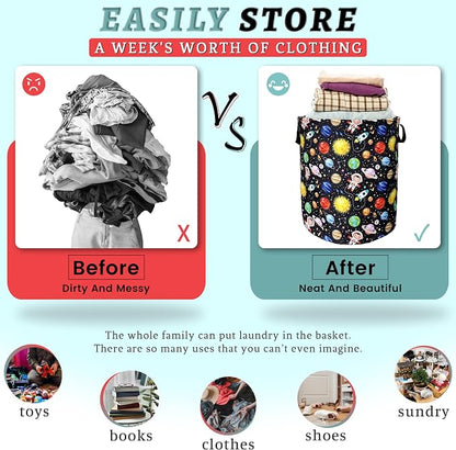 Funny Astronaut Laundry Basket Foldable With Handles Galaxy Tote Bag Oxford Cloth Colorful Planet Laundry Hamper Clothe Storage Bucket Toy Organizer 18.9"x16.5"For Bathroom/Laundry/Bedroom