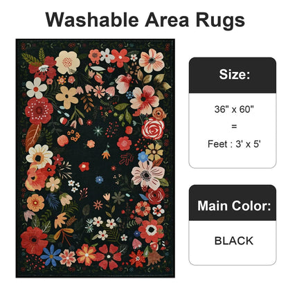 Vasofe 3x5 Rug for Bedroom,Washable Rugs for Living Room, Entryway, Indoor Floor Mat, Small Floral Mats for Nrusery, Farmhouse, Laundry Room, Playroom, Office, Non Slip Low Pile Soft Carpet, Black
