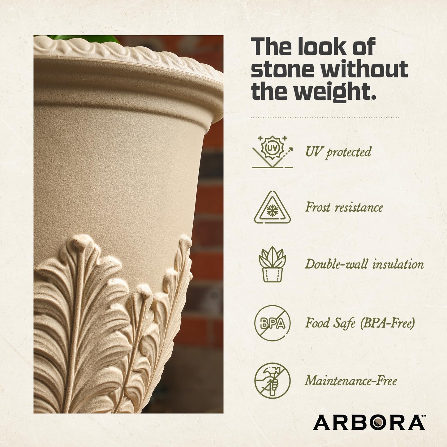 ARBORA 17" Paris Urn Polyresin Indoor and Outdoor Planter with Cream Finish - Durable, Weatherproof, Lightweight, Large Plant Pot for Patio, Garden, Deck, Entryway