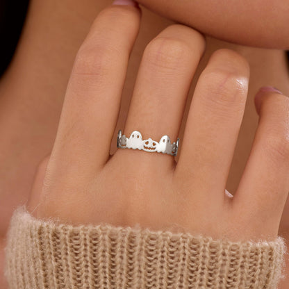 AIBELOPY Cute Pumpkin Lantern Rings for Women Men 925 Sterling Silver Halloween Ring Jack-O-Lantern Ghost Ring Wide Band Rings Halloween Christmas Gift (Silver, 9)