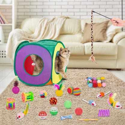 Retro Shaw Cat Toys Bundle 33 Pack, Interactive Kitten Toys for Indoor Cats Kitty with Collapsible Play Tunnel Tube Tent Feather Wand Teaser Bell Fuzzy Ball Springs Mouse Toy