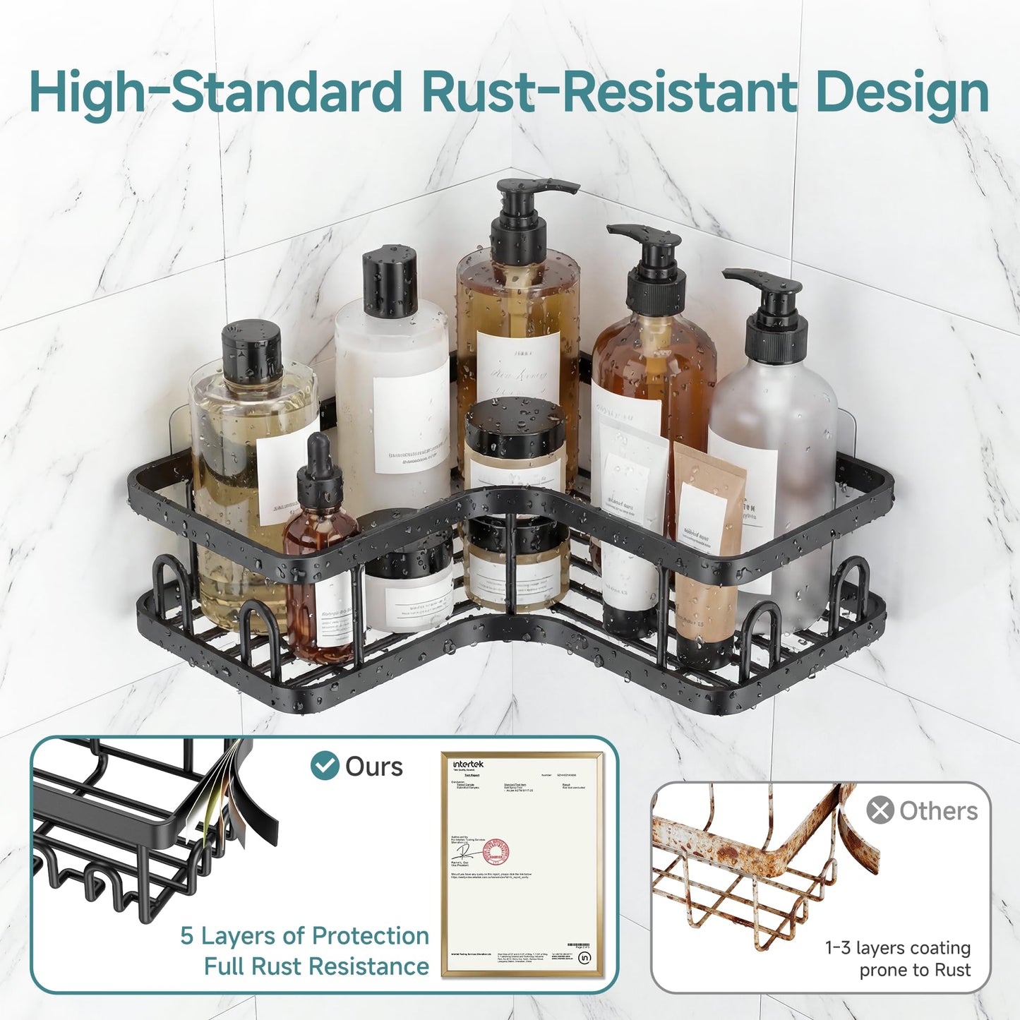 Veken Corner Shower Caddy 5-Pack, Advanced Rustproof Design, No Drilling Adhesive Shelves, Rack with Soap Holder, Large Capacity Bathroom Organizers and Storage, Wall-Mounted Kitchen&Home Decor,Black