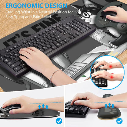 AQQA Funny Keyboard Mouse Pad Set,XXL Mouse Mat+Keyboard Wrist Rest Support, Cat Ergonomic Mouse Pad with Wrist Rest, 4 Pcs Cute Office Desk Accessories,35.4×15.7 in
