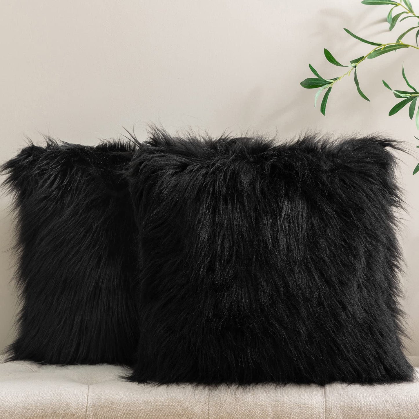 Phantoscope Pack of 2 Faux Fur Solid Throw Decorative Pillow Cover Cushion Covers Luxury Soft Halloween Decorative Pillowcase Fuzzy Pillow Covers for Bed/Couch, Black 18 x 18 Inches