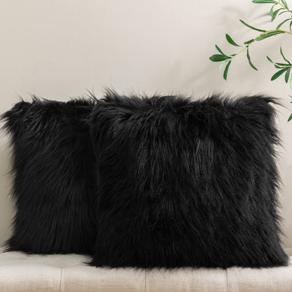Phantoscope Pack of 2 Faux Fur Solid Throw Decorative Pillow Cover Cushion Covers Luxury Soft Halloween Decorative Pillowcase Fuzzy Pillow Covers for Bed/Couch, Black 18 x 18 Inches