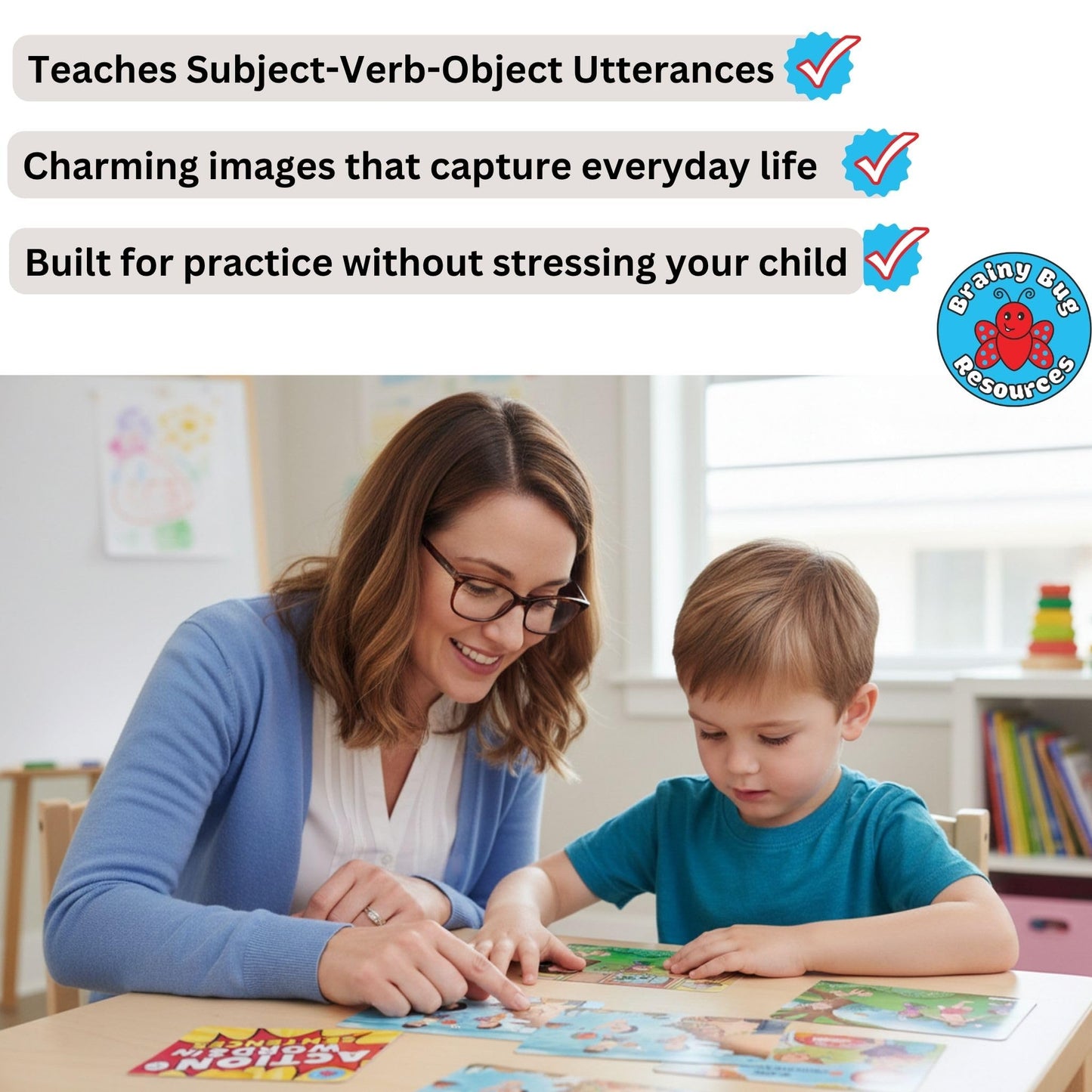Brainy Bug English Learning Flashcards with App-Enabled Audio Feature | SVO Sentences | Action Words, Grammar & Sentence Practice | Eary Learners | Special Needs | Home Schooling