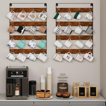 Rustic Wood Coffee Mug Rack - Wall Mount Cup Holder Shelf Storage for Kitchen, Home, Bar, Office (4 Pack, Holds 32 Mugs)