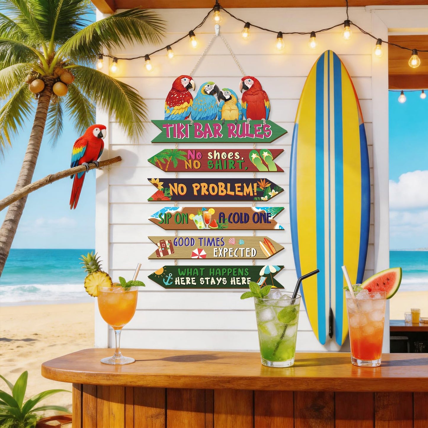 HOURIA Tiki Bar Decor, Wooden Summer Beach Tiki Bar Sign for Outside Patio Home Pub Pool Backyard,Funny Hawaiian Luau Tropical Party Decorations,11.4“X18.5”