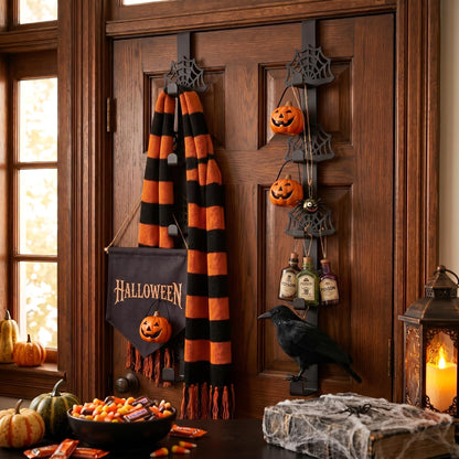 Novabright 2 Pcs Halloween Cobweb Over The Door Hooks Gothic Bathroom Decor Creepy Door Hanger Metal Rack Holder for Towel Hat, Coat, Cloth, Keychain, Bag, Home Organizer