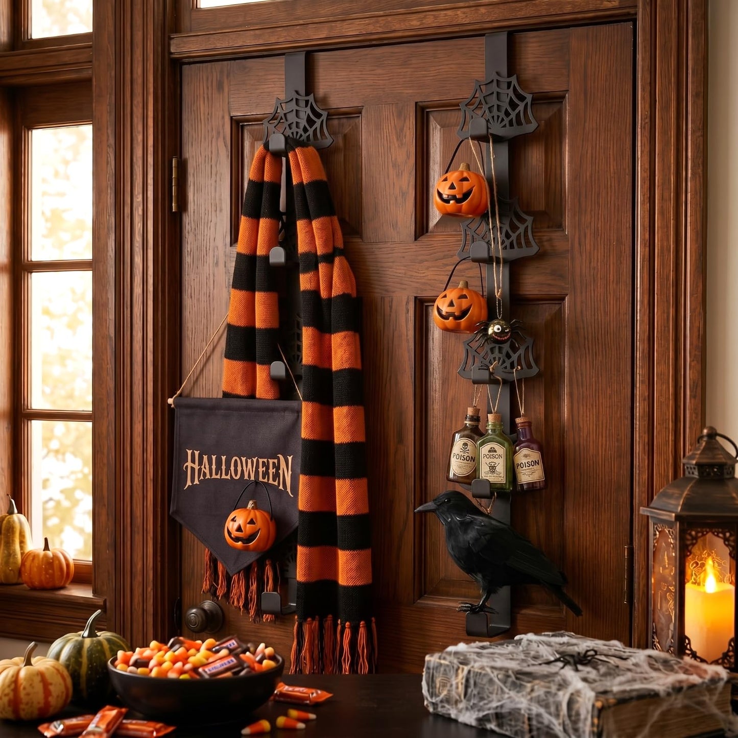 Novabright 2 Pcs Halloween Cobweb Over The Door Hooks Gothic Bathroom Decor Creepy Door Hanger Metal Rack Holder for Towel Hat, Coat, Cloth, Keychain, Bag, Home Organizer